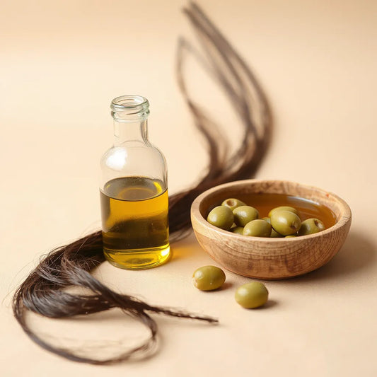 בקבוקון שמן זית ועשבי זית לצד קווצות שיער מבריקות על רקע בהיר ונקי